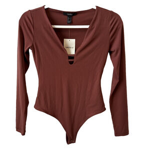 Forever 21 NWT Women's Small Sexy Long Sleeve Brown Thong Bodysuit Cut Out Fall
